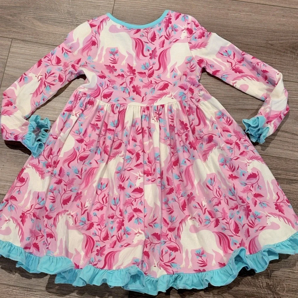 Like New Eleanor Rose 6 Girls Unicorn Pink and Blue Ruffle Dress
